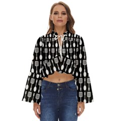 Black And White Spatula Spoon Pattern Boho Long Bell Sleeve Top