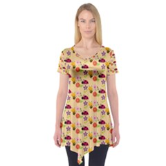 Colorful Ladybug Bess And Flowers Pattern Short Sleeve Tunic  by GardenOfOphir