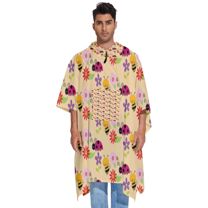 Colorful Ladybug Bess And Flowers Pattern Men s Hooded Rain Ponchos