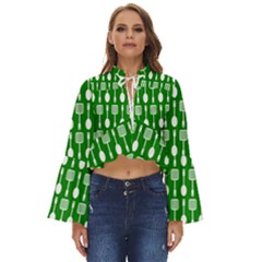 Green And White Kitchen Utensils Pattern Boho Long Bell Sleeve Top