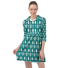 Teal And White Spatula Spoon Pattern Mini Skater Shirt Dress by GardenOfOphir