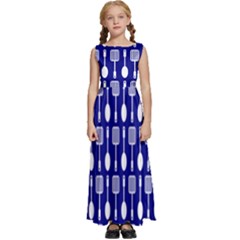 Indigo Spatula Spoon Pattern Kids  Satin Sleeveless Maxi Dress by GardenOfOphir