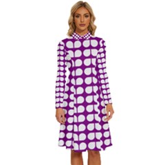 Purple And White Leaf Pattern Long Sleeve Shirt Collar A-line Dress by GardenOfOphir