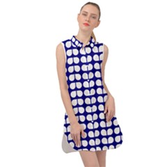 Blue And White Leaf Pattern Sleeveless Shirt Dress by GardenOfOphir