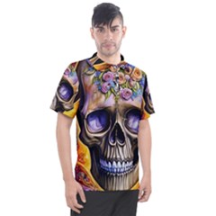 Skull With Flowers - Day Of The Dead Men s Polo Tee by GardenOfOphir