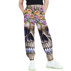 Skull With Flowers - Day Of The Dead Kids  Elastic Waist Pants by GardenOfOphir