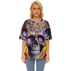 Skull With Flowers - Day Of The Dead Oversized Basic Tee by GardenOfOphir