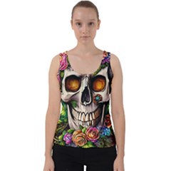 Gothic Skull With Flowers - Cute And Creepy Velvet Tank Top by GardenOfOphir