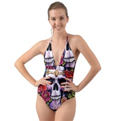 Sugar Skull With Flowers - Day Of The Dead Halter Cut-out One Piece Swimsuit by GardenOfOphir