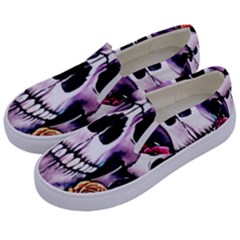 Sugar Skull With Flowers - Day Of The Dead Kids  Canvas Slip Ons by GardenOfOphir