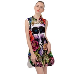 Sugar Skull With Flowers - Day Of The Dead Sleeveless Shirt Dress by GardenOfOphir