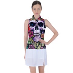Sugar Skull With Flowers - Day Of The Dead Women s Sleeveless Polo Tee by GardenOfOphir