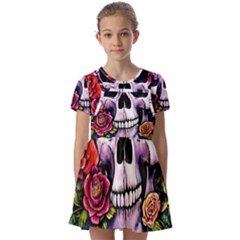 Sugar Skull With Flowers - Day Of The Dead Kids  Short Sleeve Pinafore Style Dress