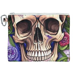 Retro Gothic Skull With Flowers - Cute And Creepy Canvas Cosmetic Bag (xxl) by GardenOfOphir