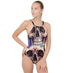 Retro Gothic Skull With Flowers - Cute And Creepy High Neck One Piece Swimsuit by GardenOfOphir