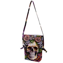 Death Skull Floral Folding Shoulder Bag by GardenOfOphir