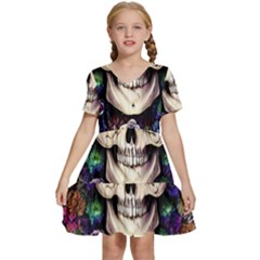 Dead Cute Skull Floral Kids  Short Sleeve Tiered Mini Dress