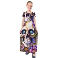 Gothic Cute Skull Floral Kids  Short Sleeve Maxi Dress by GardenOfOphir