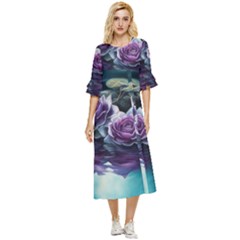 Roses Water Lilies Watercolor Double Cuff Midi Dress by Ravend