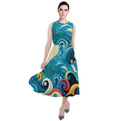 Waves Ocean Sea Abstract Whimsical (2) Round Neck Boho Dress by Jancukart