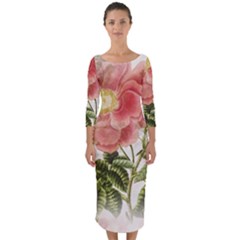 Flowers-102 Quarter Sleeve Midi Bodycon Dress