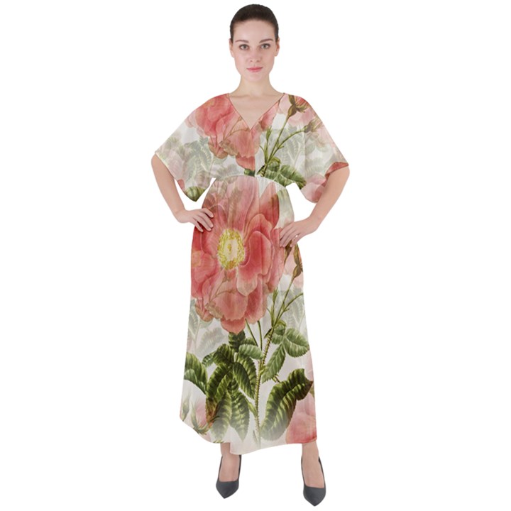 Flowers-102 V-Neck Boho Style Maxi Dress