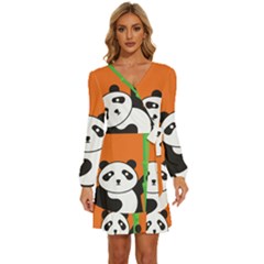 Panda Animal Orange Sun Nature Long Sleeve Waist Tie Ruffle Velvet Dress by Semog4