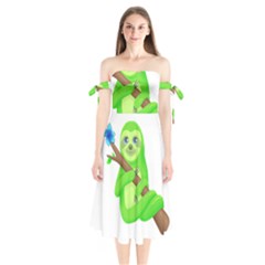 Sloth Branch Cartoon Fantasy Shoulder Tie Bardot Midi Dress by Semog4