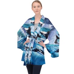 Orca Wave Water Underwater Sky Long Sleeve Velvet Kimono  by Semog4
