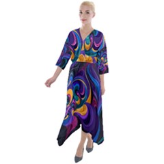 Colorful Waves Abstract Waves Curves Art Abstract Material Material Design Quarter Sleeve Wrap Front Maxi Dress by Semog4