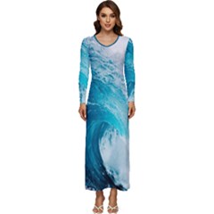 Tsunami Big Blue Wave Ocean Waves Water Long Sleeve Longline Maxi Dress by Semog4