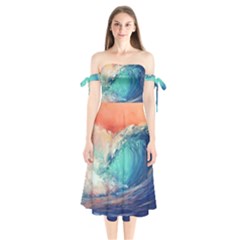 Artistic Wave Sea Shoulder Tie Bardot Midi Dress by Semog4
