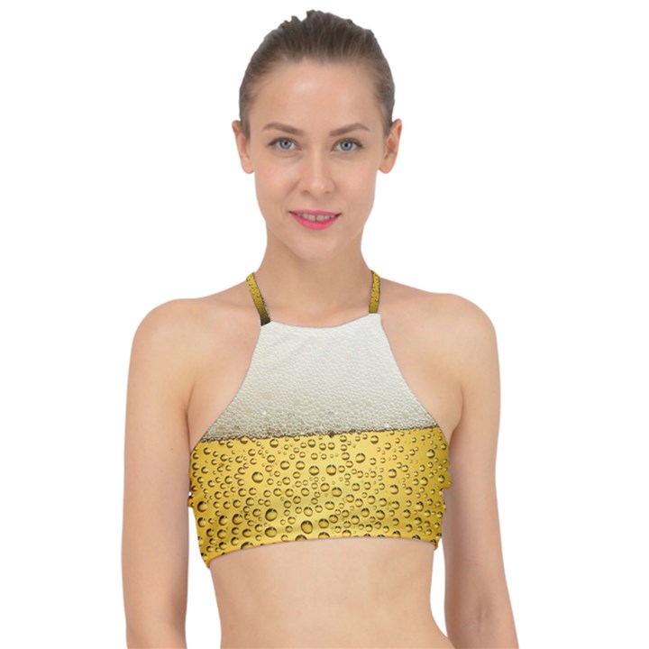 Texture Pattern Macro Glass Of Beer Foam White Yellow Art Racer Front Bikini Top