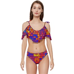 Geometric Pattern Colorful Fluorescent Background Ruffle Edge Tie Up Bikini Set	 by Jancukart