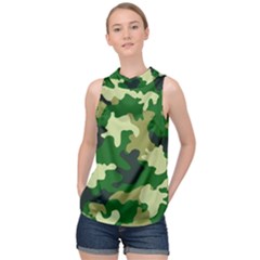 Green Military Background Camouflage High Neck Satin Top by Semog4