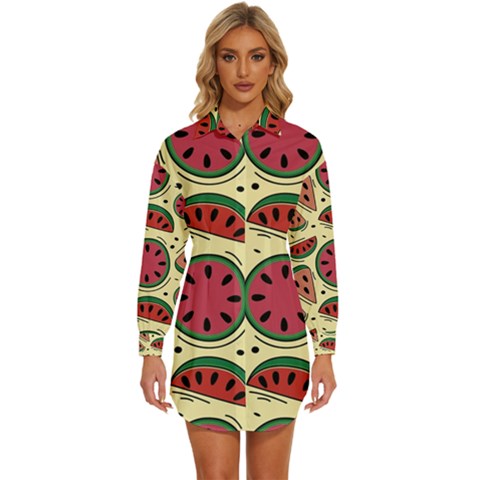 Watermelon Pattern Slices Fruit Womens Long Sleeve Shirt Dress by Semog4