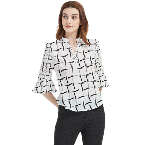 Precision Pursuit: Hunting Motif Black And White Pattern Loose Horn Sleeve Chiffon Blouse by dflcprintsclothing