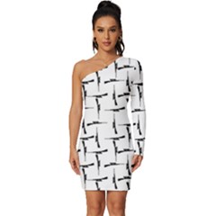 Precision Pursuit: Hunting Motif Black And White Pattern Long Sleeve One Shoulder Mini Dress by dflcprintsclothing