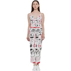 Christmas Themed Seamless Pattern V-neck Spaghetti Strap Tie Front Jumpsuit by Semog4