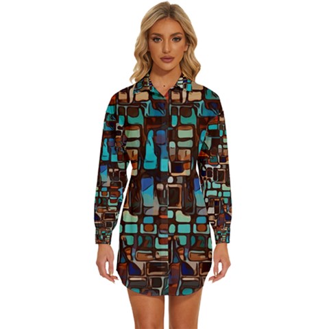 Stained Glass Mosaic Abstract Womens Long Sleeve Shirt Dress by Semog4