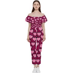 Pattern Pink Abstract Heart Love Off Shoulder Ruffle Top Jumpsuit by Ravend