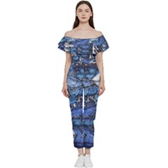 Boat Ship Background Pattern Off Shoulder Ruffle Top Jumpsuit by Ravend