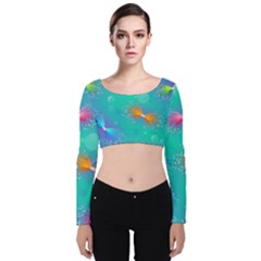 Non Seamless Pattern Blues Bright Velvet Long Sleeve Crop Top by Ravend