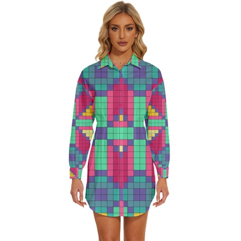Checkerboard-squares-abstract--- Womens Long Sleeve Shirt Dress by Semog4