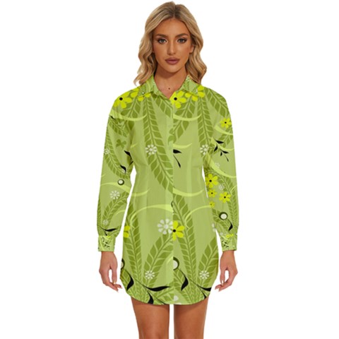 Seamless Pattern Green Garden Womens Long Sleeve Shirt Dress by Semog4