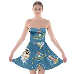 Seamless Pattern Funny Astronaut Outer Space Transportation Strapless Bra Top Dress by Semog4