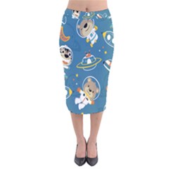 Seamless Pattern Funny Astronaut Outer Space Transportation Velvet Midi Pencil Skirt by Semog4