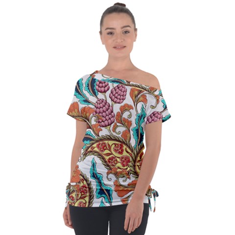 Flowers Pattern Texture White Background Paisley Off Shoulder Tie-up Tee by Salman4z