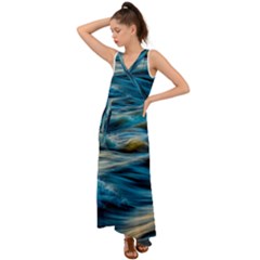 Waves Abstract V-neck Chiffon Maxi Dress by Salman4z