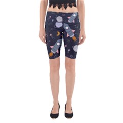 Space Background Illustration With Stars And Rocket Seamless Vector Pattern Yoga Cropped Leggings by Salman4z